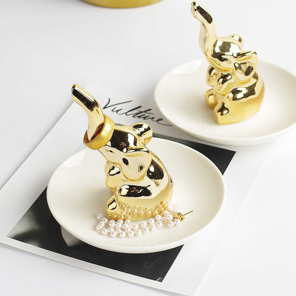 creative Nordic style gold-plated animal ceramic elephant ring jewelry display dish