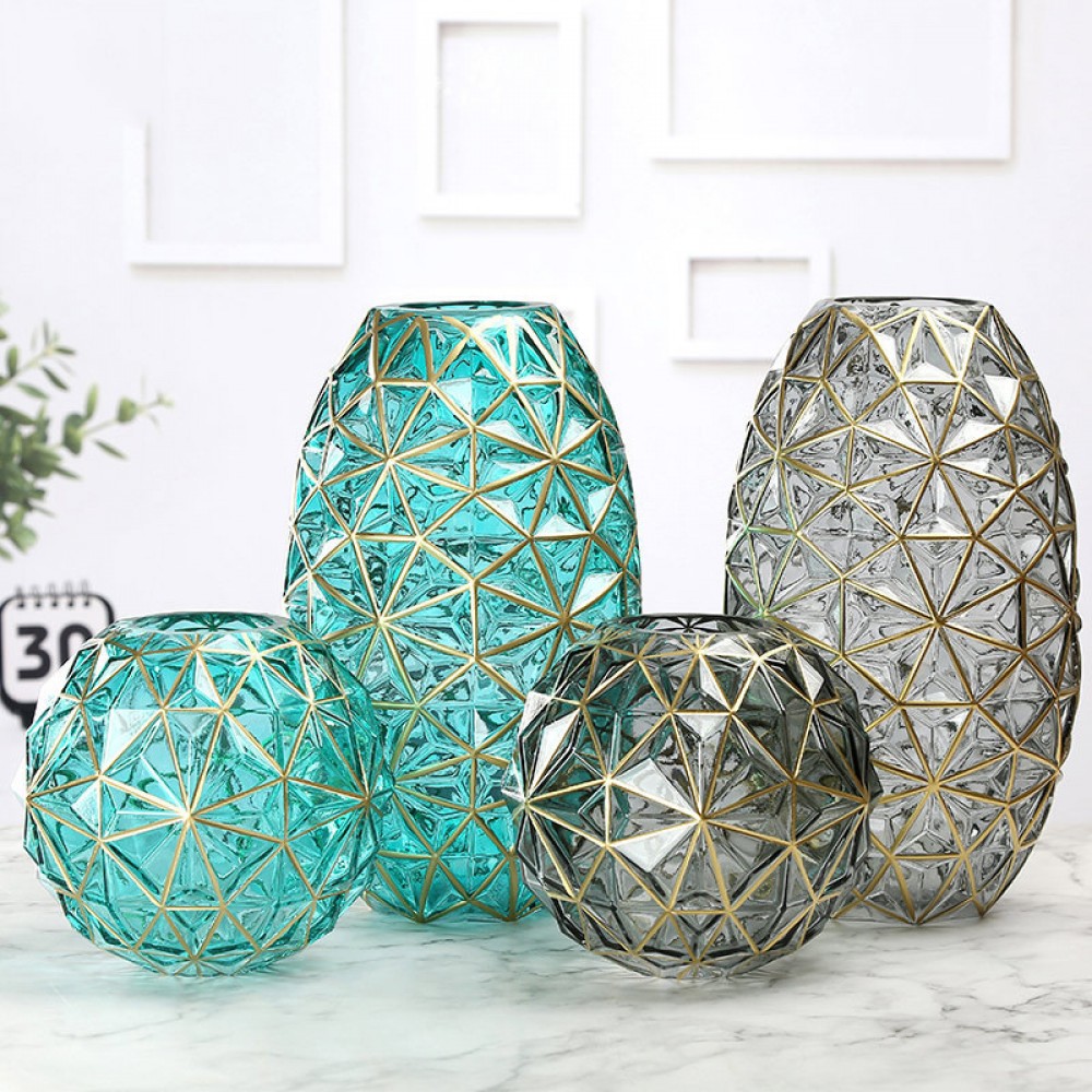 Manufacturers supply creative diamond pattern colored glass gold flower vases