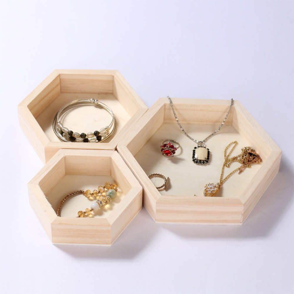 creative solid wood hexagon necklace Bodhi earrings ring jewelry storage box